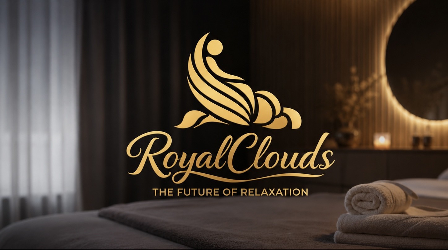 Gouden RoyalClouds-logo boven een spa-bed met opgevouwen handdoeken en warme verlichting.